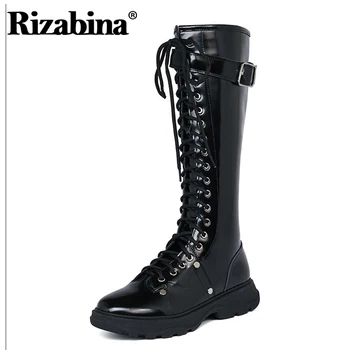 

Rizabina New Fashion Women Knee High Boots Round Toe Zipper Cross Strap Punk Style Flat Heel Shoes Outdoor Footwear Size 34-39