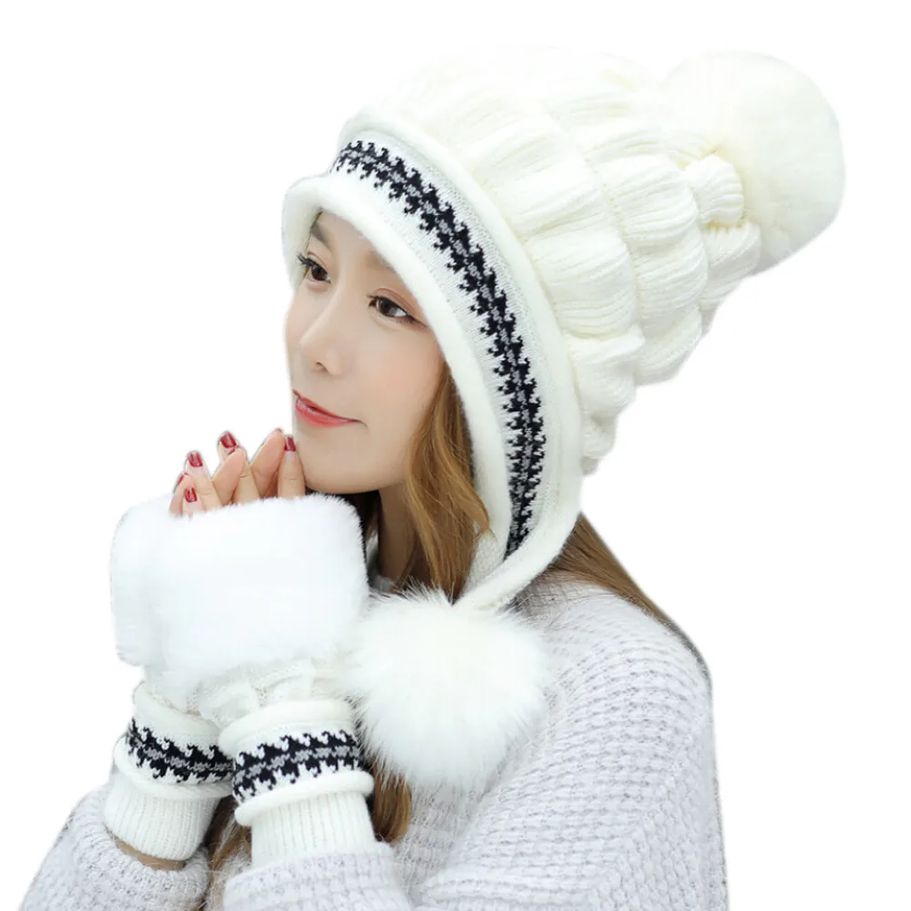 2 шт., шапка и перчатки, Женская Зимняя вязанная теплая шапка, шапка бини, зимняя шапка s для женщин, корейский стиль, женские шапочки с помпоном, шапки бини