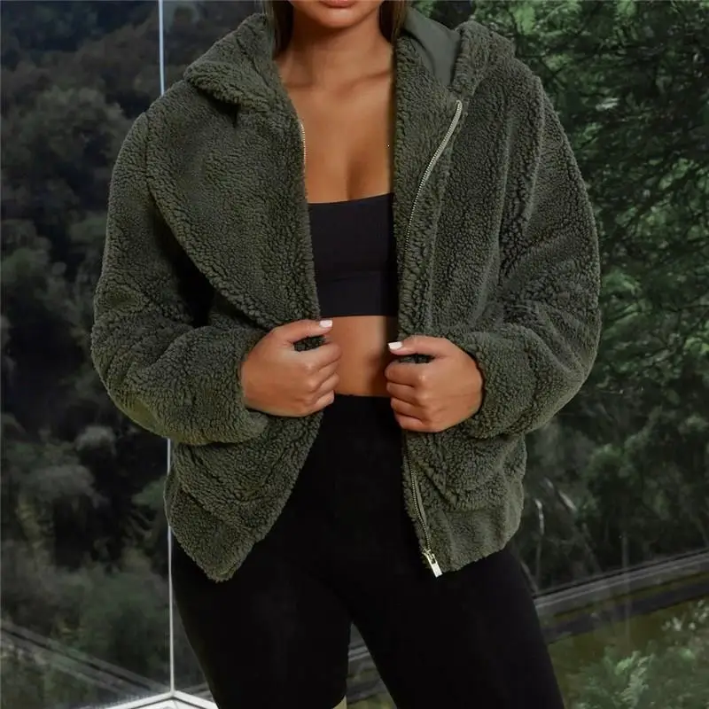 Army Green Winter Plus Size Warm Zipper Teddy Coat V-Neck Fluffy Pockets Faux Fur Coat Fake Fleece Thick Acket - Цвет: Army Green