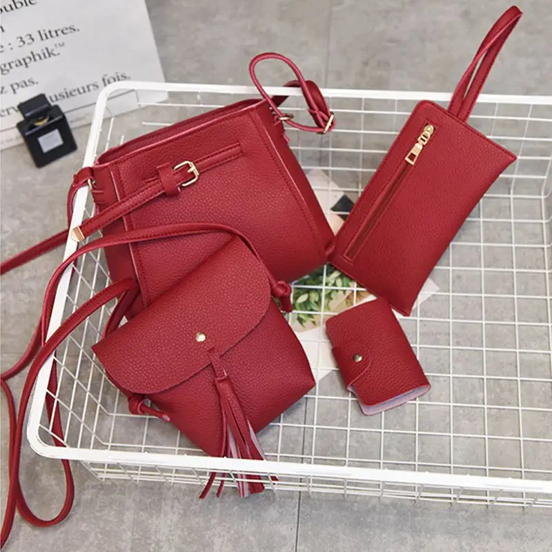 

4pcs/set Women Four Set Fashion Handbag Shoulder Bag Tote Bag Crossbody Wallt(Red)
