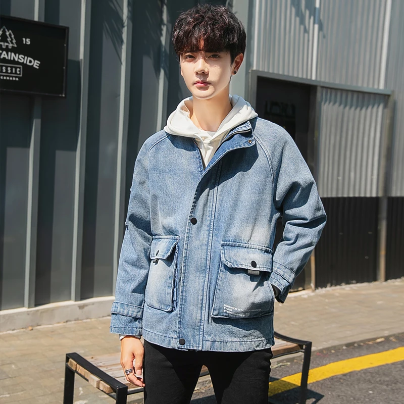 

Denim Jacket Men Fashion Washed Solid Color Casual Zipper Denim Jacket Man Streetwear Hip Hop Loose Bomber Jacket Male Clothes