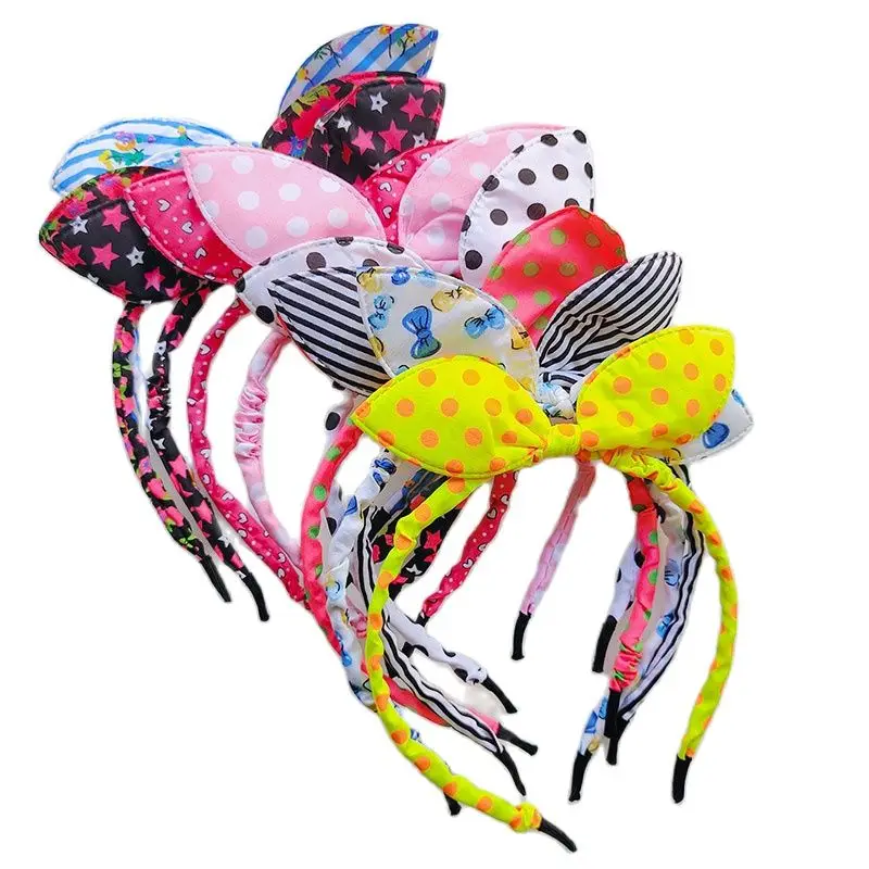 

5pcs Rabbit Ears Cloth Dot stripe Printed Bow Headband Hair Hoop Fashion Girls Hair Band For Girl Hair Accessories