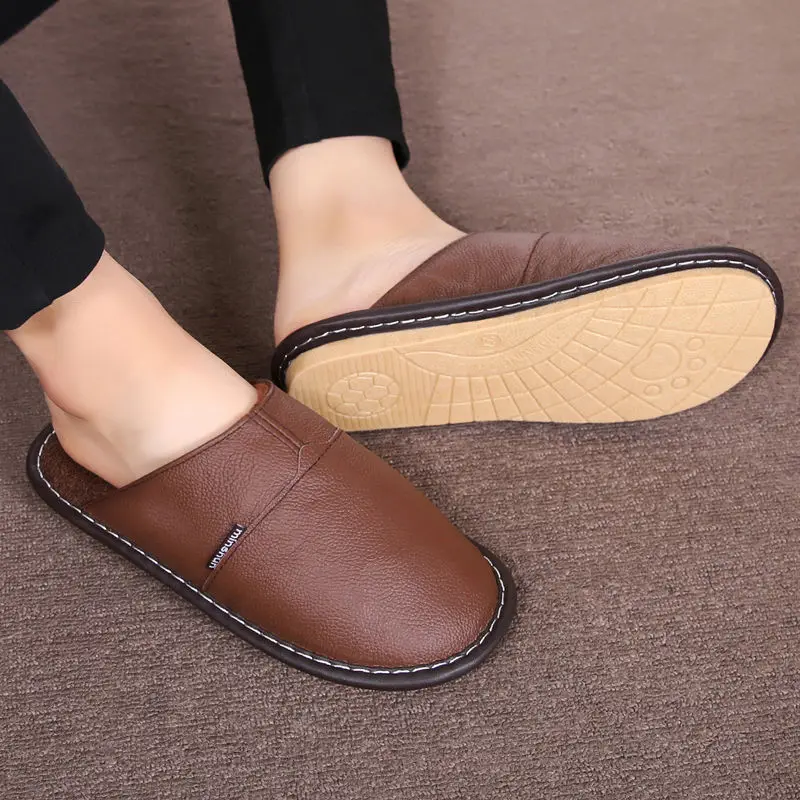 Genuine leather slippers men's home shoes 2020 spring classic style short plush slippers man indoor shoes