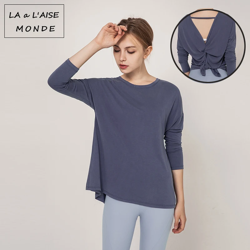 Осенние модальные сплошной Цвет Красота задняя вилка йога одежда рубашка с длинными рукавами, с длинными рукавами, быстросохнущие спортивные кроссовки; женская одежда для йоги Топ