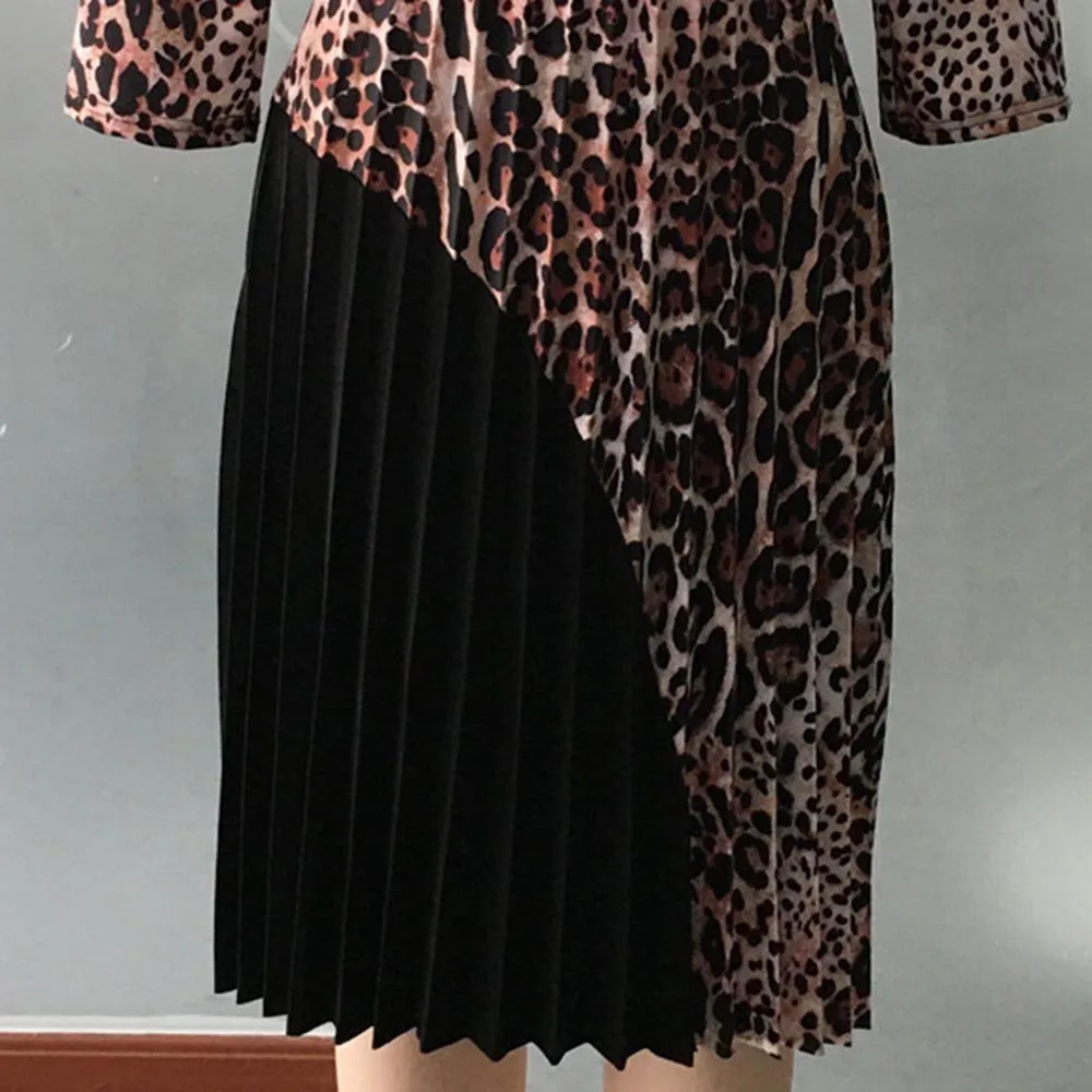 Плиссированное короткое платье с леопардовым принтом для женщин, для работы и ужина, осень, сексуальные лоскутные модные вечерние платья, африканские офисные женские платья, 3XL