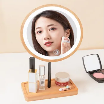 

Wooden Makeup Mirror Storage Box With LED Lights Vanity Mirror Makeup Organizer Desktop Lipstick Jewelry Storage Rack Beauty Box