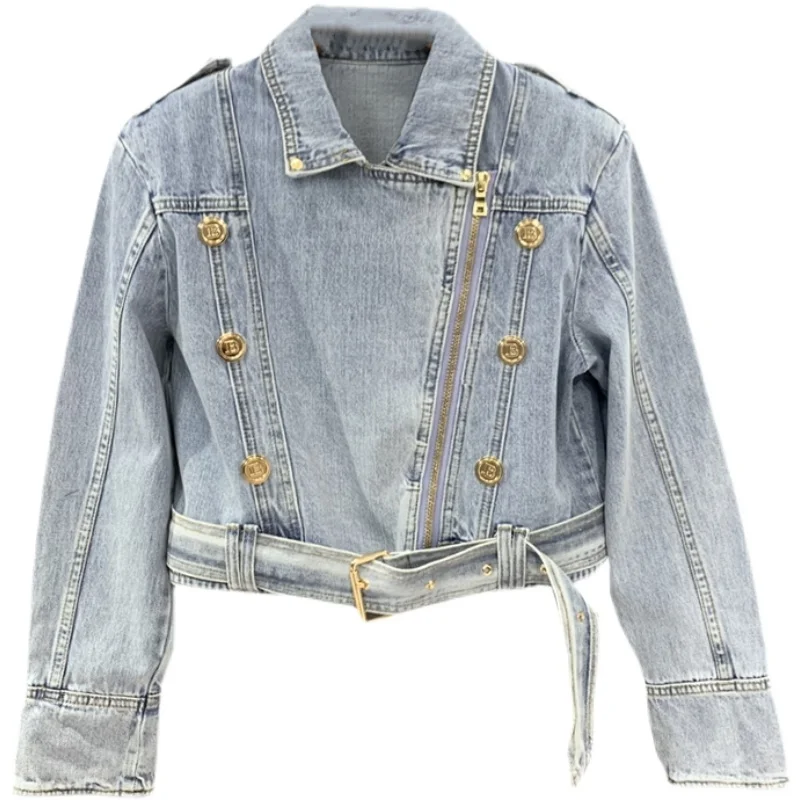 

Женская короткая мотоциклетная куртка, облегающая двубортная джинсовая куртка на молнии с лацканами, весна 2022