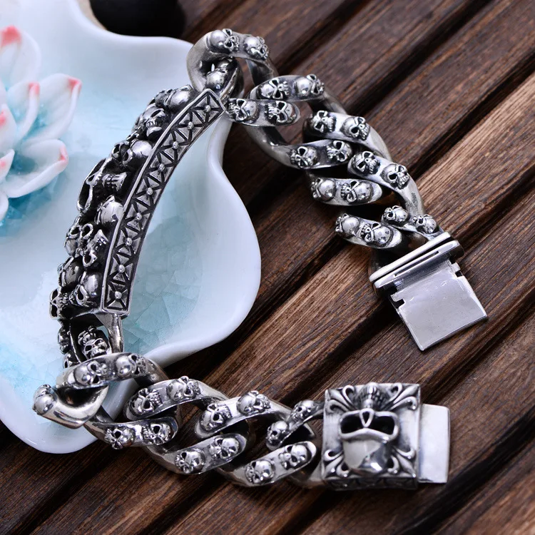 BOCAI New solid 925 silver jewelry retro Thai silver skull s925 silver bracelet for man wide face thick domineering man bracelet