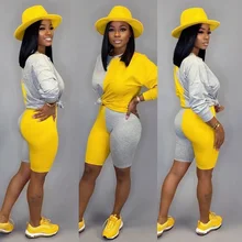 Patchwork style sports set women o-neck top and shorts two piece set casual tracksuit outfit DLD8635