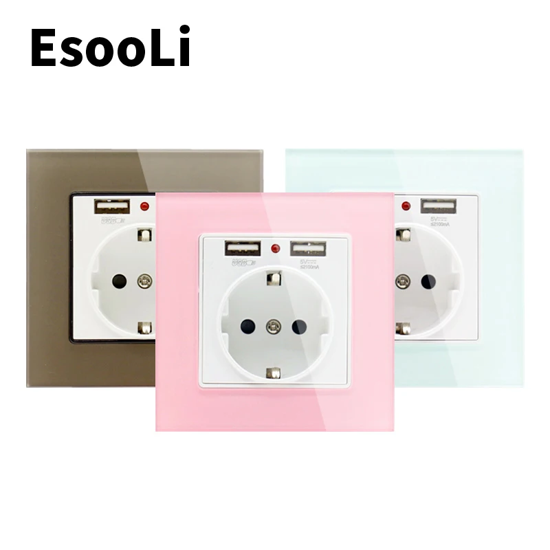Розетка стеновая EsooLi стеклянная с двумя USB портами 2 1 А 16 А|Электрические розетки|