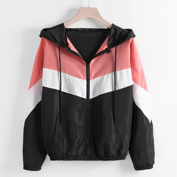 

Ladies Autumn Casual Sports Trench Coat Women Casual Long Sleeve Zipper Color Patchwork Thin Skinsuits Hooded Sport Coat 2-5