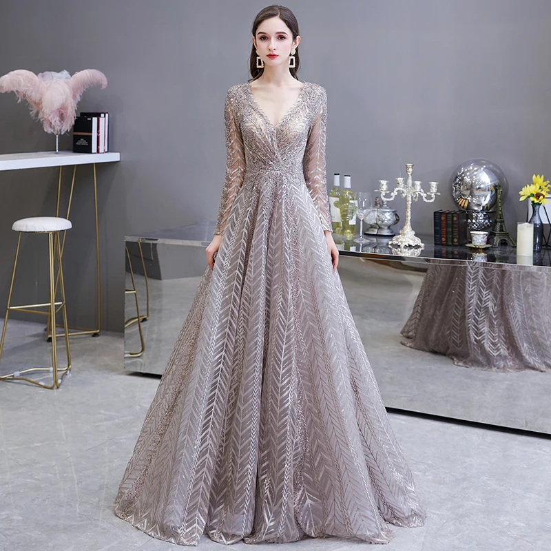 Robe De Soiree Evening Dress Sequined Beaded Champagne Grey Crystal A-Line Floor-length Dinner Gowns Serene Hill Formal 