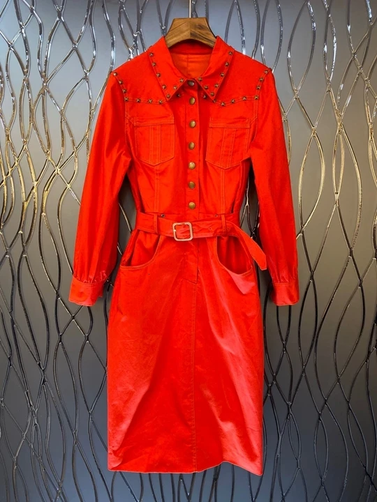 autumn Early new women's Lapel rivet decorative buckle waist long sleeve solid color dress 1008