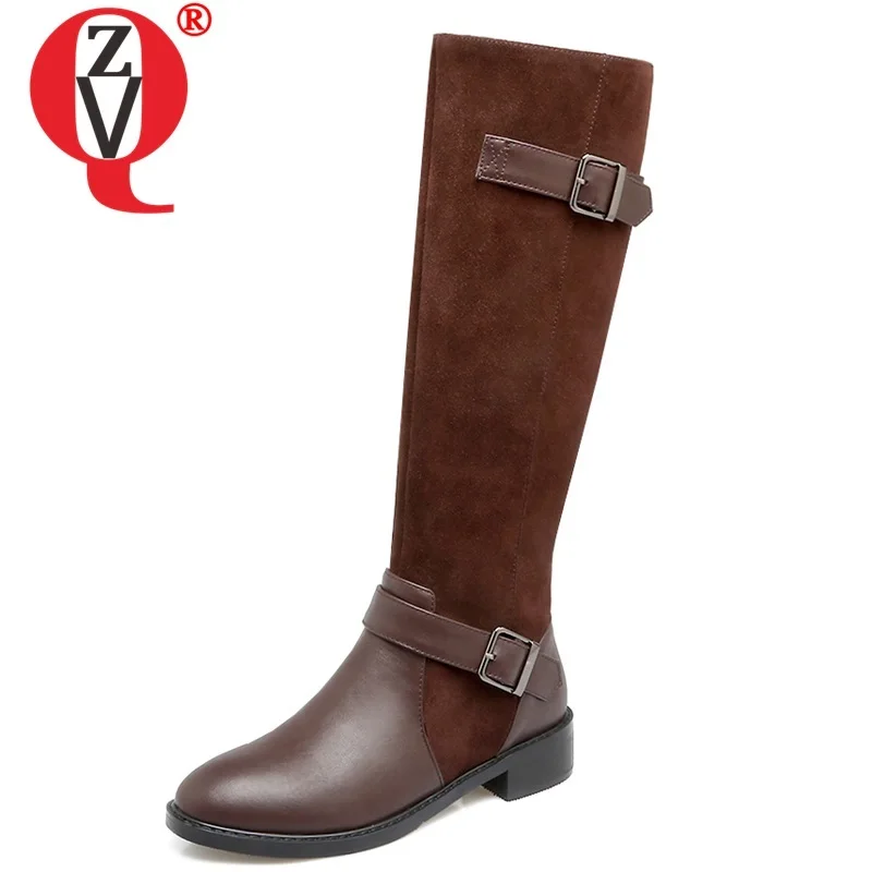 

ZVQ winter new fashion knee high boots outside comfortable round toe buckle zip cow suede women shoes drop shipping size 34-39