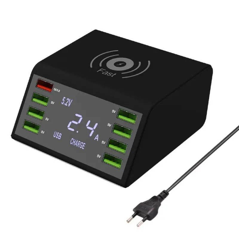 Phone Smart Charger 8 Port USB QC3.0+10W Wireless Fast Charging Digital Display Charger Built-in IC Chip Voltage Auto-correction Phone Smart Charger 8 Port USB QC3.0+10W Wireless Fast Charging Digital Display Charger Built-in IC Chip Voltage Auto-correction