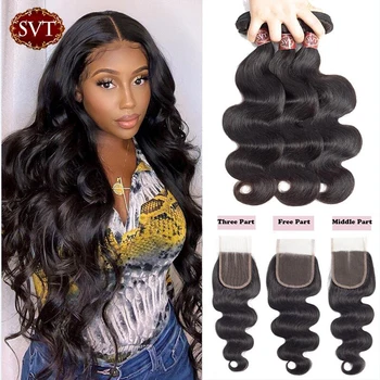 

SVT Hair Indian Body Wave Bundles With Closure 4Pcs/Lot 8-26" Middle Ratio Non-Remy Human Hair Bundles With Closure