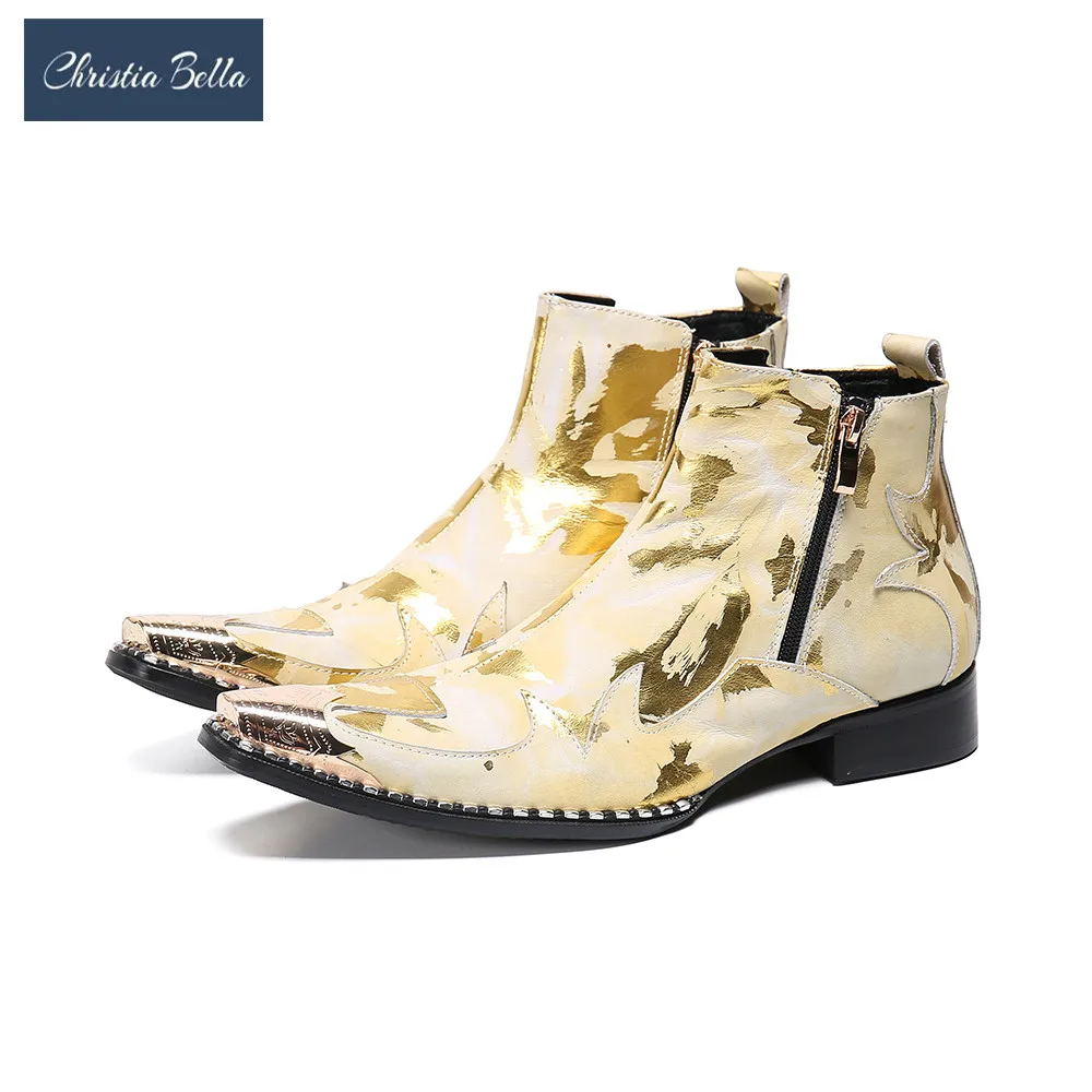 Christia Bella Winter Shoes Genuine Leather Ankle Boots for Men Gold Pattern Party Dress Zipper Business Short Botas | Обувь