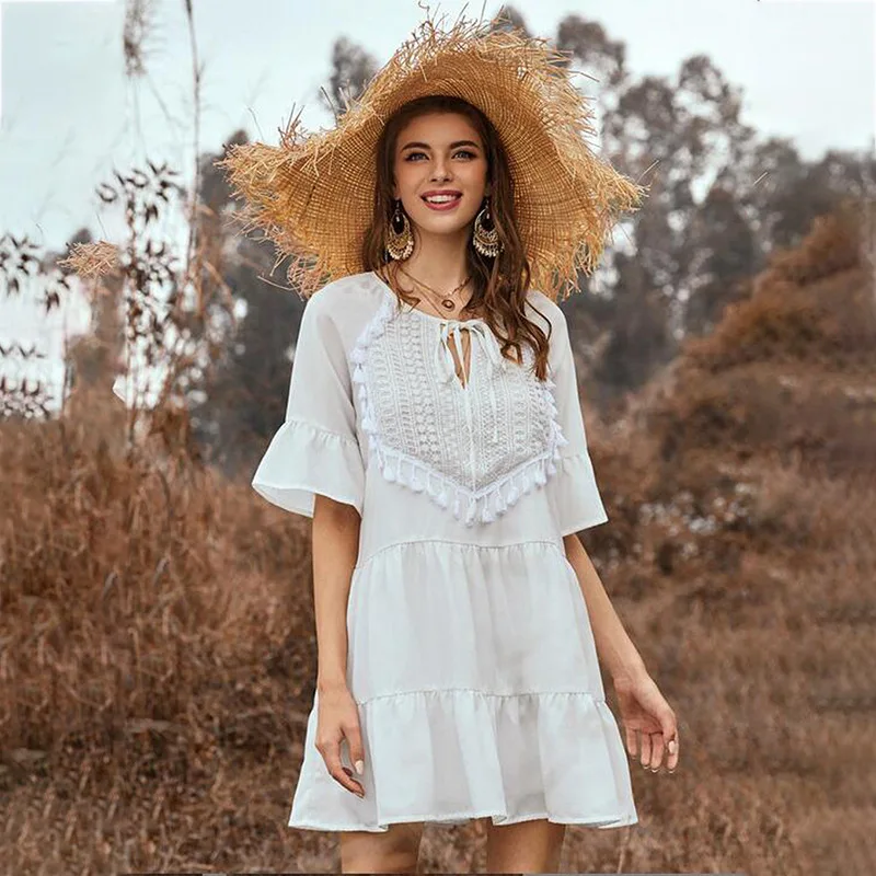 2020 Summer short Sleeve Beach Wear Cover Up Bikini Women Tassels Pareos Cover-Ups Swimwear White Dress Cotton Tunic | Женская одежда