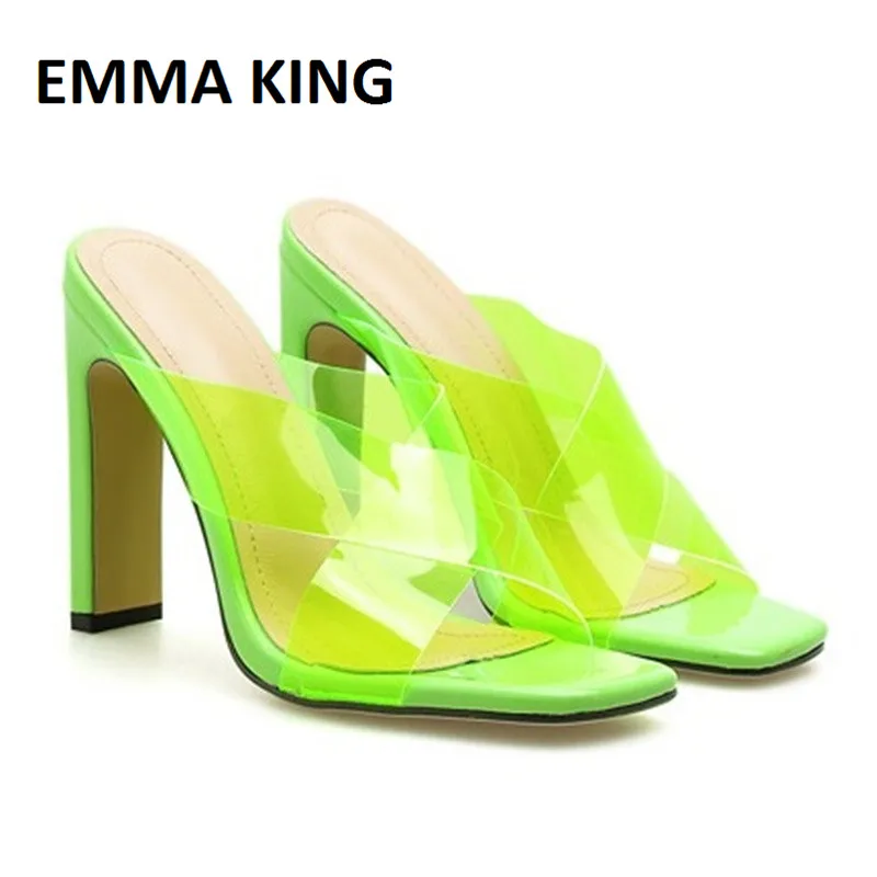 

EMMA KING 2019 New Summer 12cm PVC Neon Muller shoes Open Toe Slip-on Women Sandals Square Thick Block Heels Female Pumps Mules