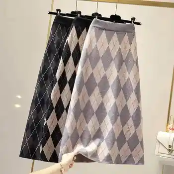

NiceMix Fashion Classic Plaid Knitting Skirts Autumn Winter Women A-line Elegant Mid-Calf High Waist Skirts Office Lady Work Ski