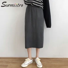 Женская трикотажная длинная юбка SURMIITRO, черный белый и синий цвета плиссированная юбка с завышенной талией в корейском стиле для женщин весна осень зима