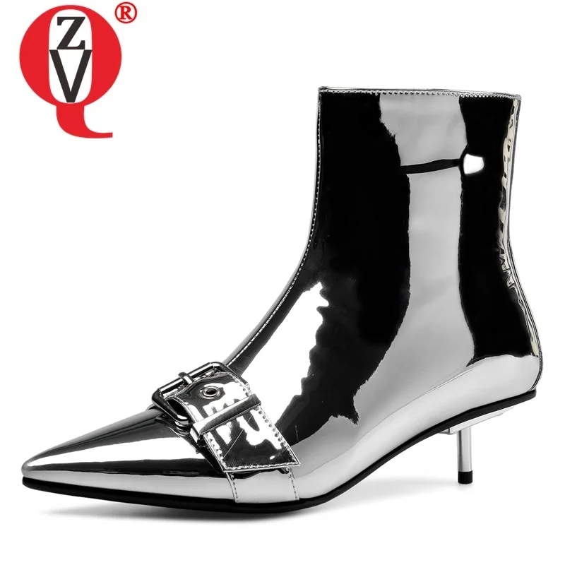

ZVQ high quality genuine leather ankle boots outside fashion mid heels pointed toe zip plus size party women shoes drop shipping