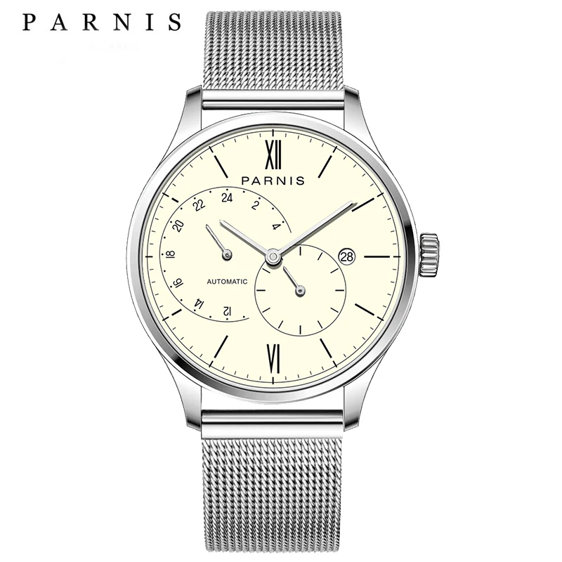 Мужские автоматические часы Parnis новые ультратонкие механические с сетчатым