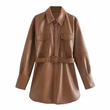 Aliexpress - Spring Autumn New Women’s Imitation Leather Brown Retro Coat With Belt Ladies Long Sleeve Loose Casual Faux Leather Jacket