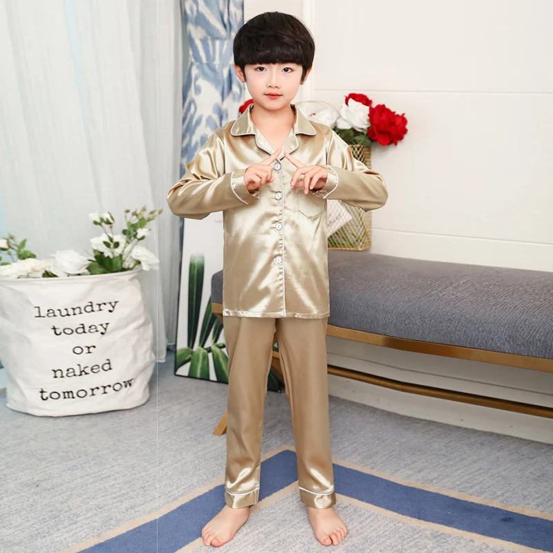 Childrens Boys Girls Ice Silk Pajamas Cardigan Long-sleeved Sleepwear Nightgown