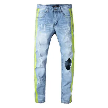 

free delivery 2020 New Men's neon yellow color lines patchwork ripped jeans Fashion holes destroyed denim stretch pants