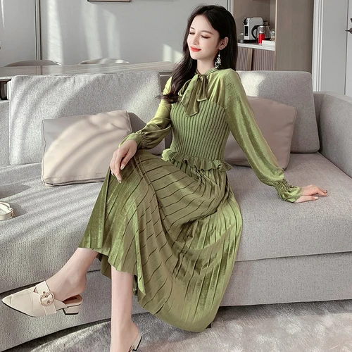 

2019 Autumn New Popular Fashion Style Knitted Spliced Designs Female Dresses Elegant Temperament Show Slim Women Pleated Dress