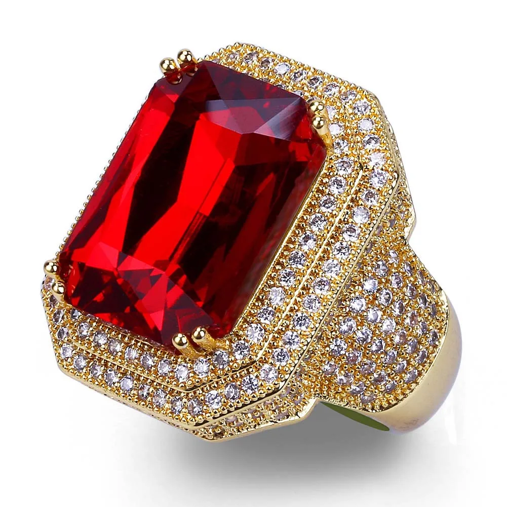 

Iced Out Full CZ Red Stone Ring Gold Color Bling Bling Cubic Zircon Mens Rings For Women Hip Hop Rock Jewelry Gifts