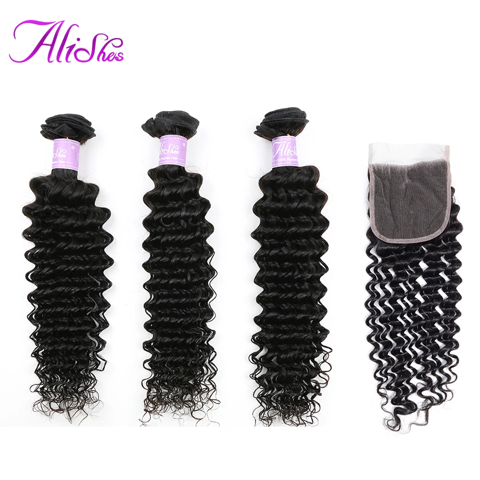

Alishes Hair Deep Wave Bundles With Closure 100% Remy Human Hair Weaving 3PCS Brazilian Hair Bundles With 4x4 Lace Closure