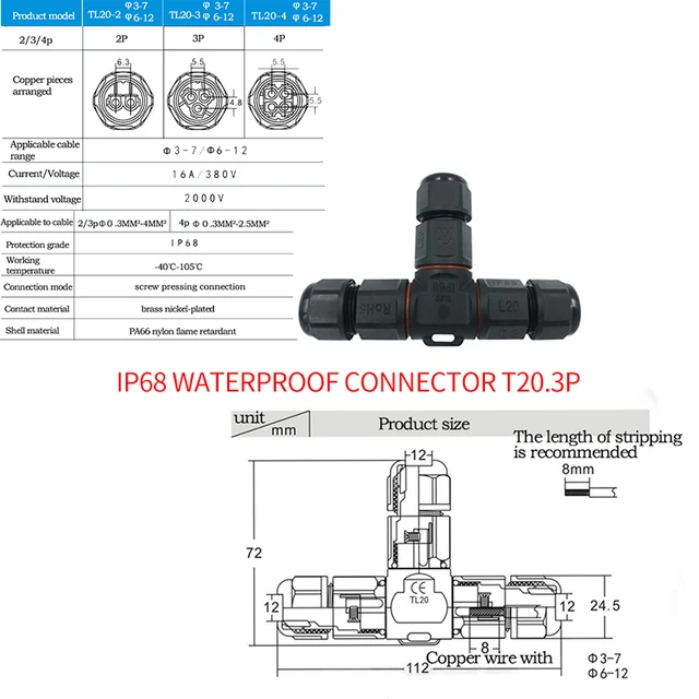IP68 Waterproof Connector 2 Pin 3 Pin 4 Pin 5 Pin Electrical Terminal Adapter Wire Connector Screw Pin connector LED Light pin TL20 3p