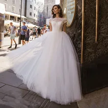 2022 Princess Lace Wedding Dress A Line Cap Sleeves Floor Length White Ivory Outdoor Formal Bridal Gowns Lady Marriage Reception