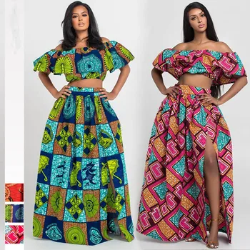 

African Clothes 2020 News Dashiki Print Party Shoulder Off Ladies Sling Skirts Africa Dresses for Women Bazin Ankera Long Robe