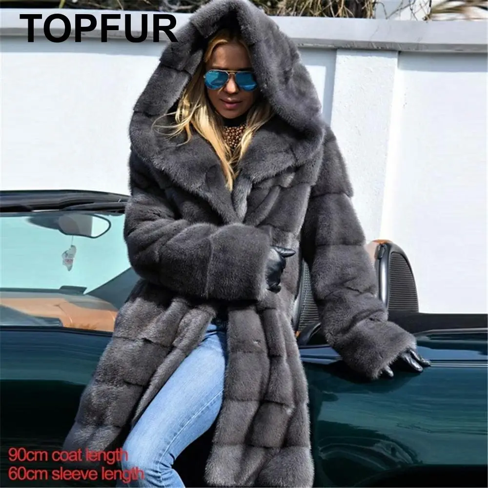 TOPFUR, зимнее пальто с натуральным мехом, Женское пальто средней длины из натурального меха норки с поясом, толстые теплые пальто с длинными рукавами с меховым капюшоном средней длины