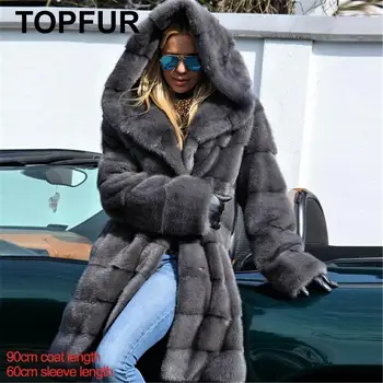 

TOPFUR 2019 Winter Real Fur Coat Women Natural Mink Fur Medium Coat With Belt Thick Warm Full Sleeves Coats With Fur Hood Medium