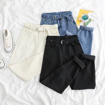 

Fashion Straight Jeans Women Low Waist Denim Trousers Large Pocket Black Denim Pants Vintage with Belt Casual Plus Size Jeans