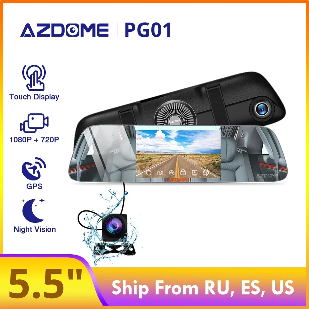 Автомобильный видеорегистратор AZDOME PG01 зеркальный с двойным объективом HD 1080P + 720P 5
