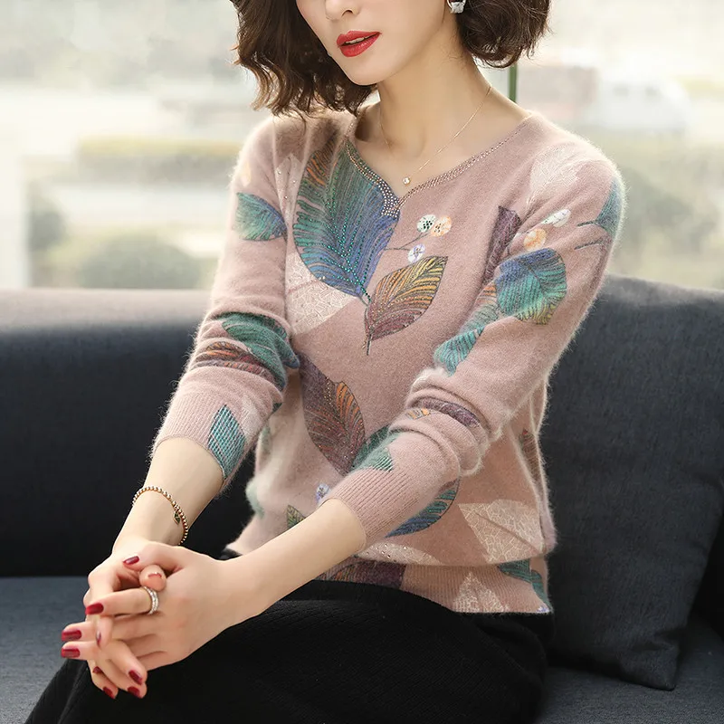 Women Sweater 2019 Autumn Winter Fashion New Leaf Printed Vintage Sweater Long Sleeve Loose pullover knitted sweater Women