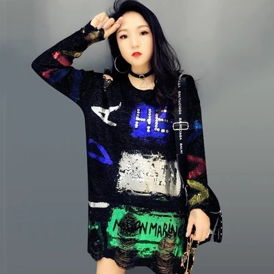 Зимние свитера Tide Gold с буквенным принтом пуловер с вырезами и круглым вырезом с длинным рукавом Свободные топы больших размеров женские джемперы Harajuku SA027S30