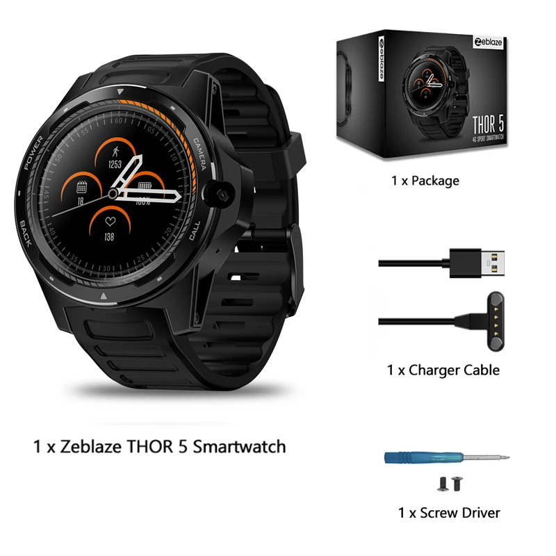 black Смарт-часы Zeblaze THOR 5 с двойной системой, 4G, Wi-Fi, Android IOS, 1,39 дюймов, экран AOMLED, 454*454p x 2 ГБ+ 16 ГБ, МП, фронтальная камера, Смарт-часы - Цвет: black