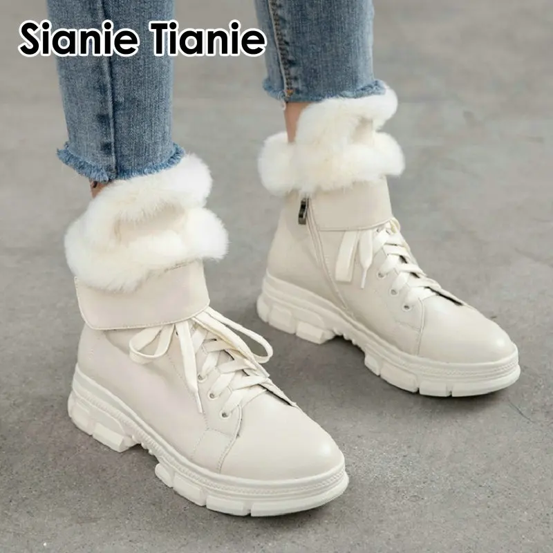 

Sianie Tianie 2020 winter warm real rabbit fur womans shoes platform lace-up female martin boots women snow boots big size 43 42