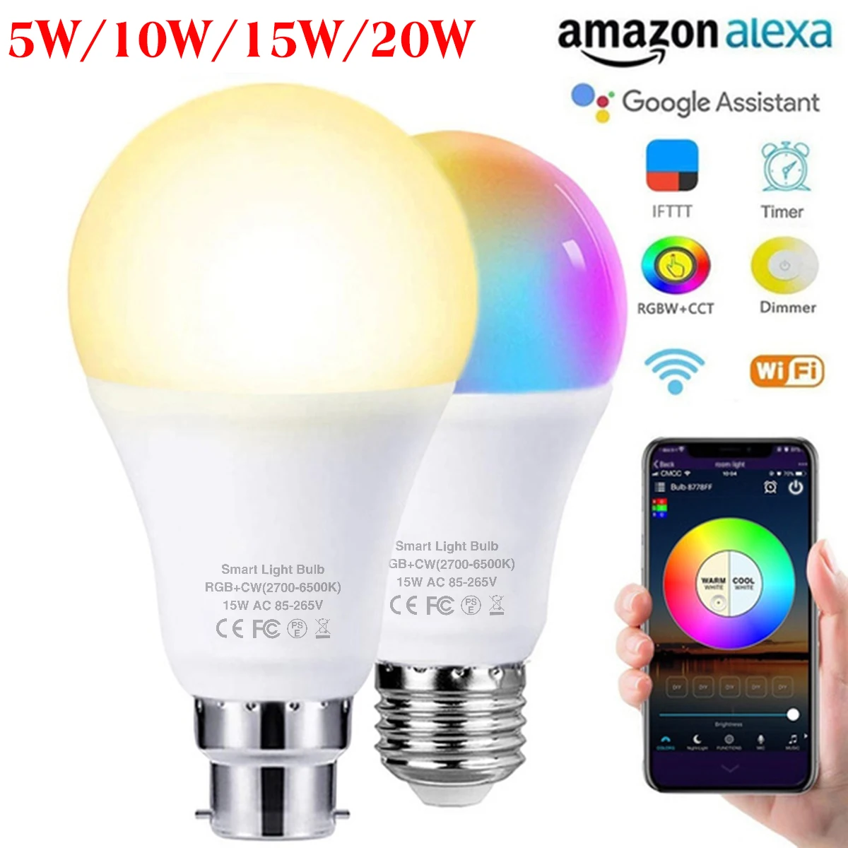 5W-20W Wifi Smart Led Light Bulb E27 B22 Tuya or Life APP Control Lamp AC85V-265V RGBCW Work with Alexa Google Assistant | Лампы и