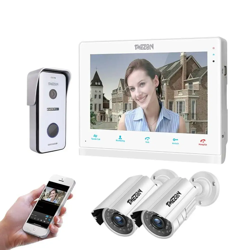 TMEZON 10 Inch Wif Video Door Phone Intercom Doorbell Home Security System Door Speaker Call Panel+7 inch Monitor +2x960p Camera