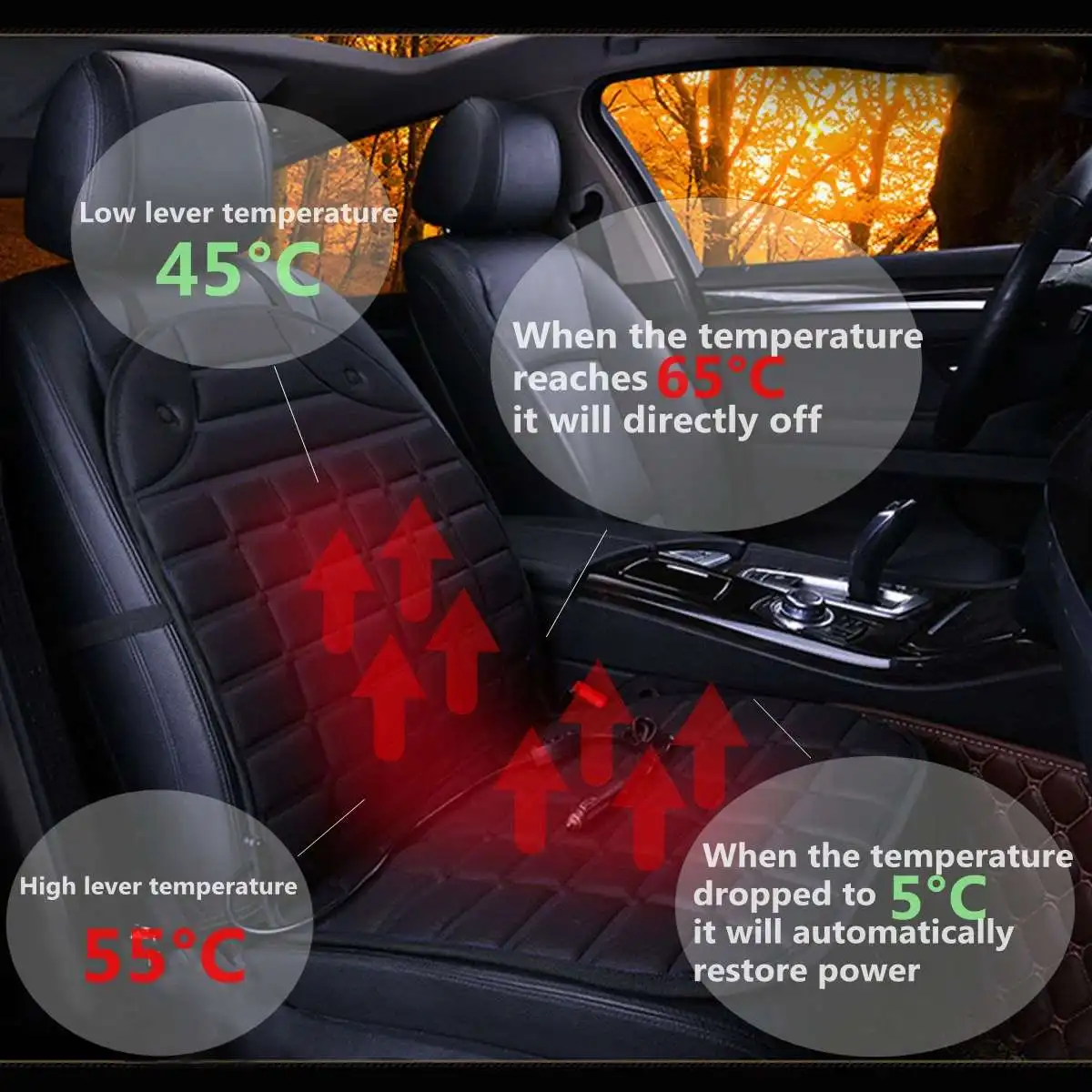 Heated Seat Cushions 12-Volt Winter Car Seat Heating Pads Warmer Protector  - Black / 1 PC Front