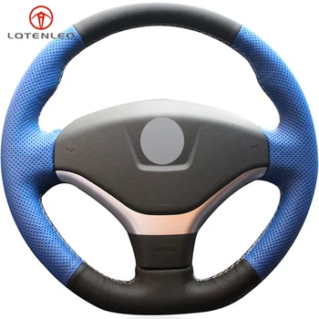 

LQTENLEO Blue Black Genuine Leather DIY Hand-stitched Car Steering Wheel Cover For Peugeot 308 2012-2015 408 2013