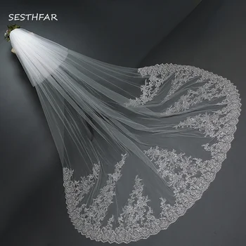 

Real Photos New Bridal Veil 2 Tiers Blusher Cover Face Cathedral Lace Wedding Veil with Comb