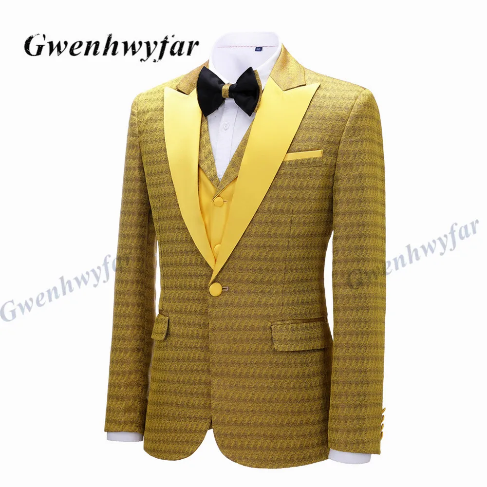Gold Straw Pattern Costume Homme Mariage Groom Men Suit Slim Fit Man Tuxedo Bridegroom Wedding Suits 3 Pieces